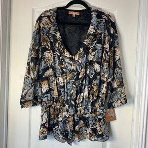 NWT  Ellen Tracy Designer Blouse XL Elegant Sheer Ruffle Waist Neutral Luxe Top